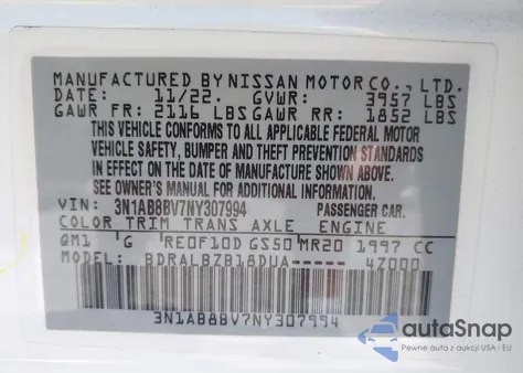 2022 Nissan Sentra S Xtronic Cvt z USA, uszkodzony, nr VIN 3N1AB8BV7NY307994